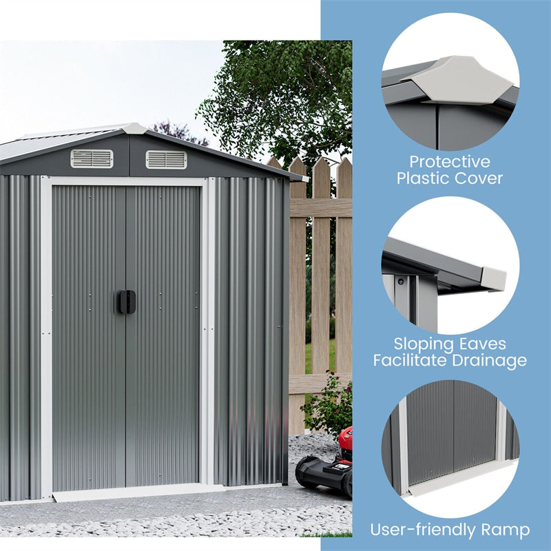 6 x 4 FT Outdoor Storage Shed Galvanized Steel Garden Shed with Lockable Double Sliding Door