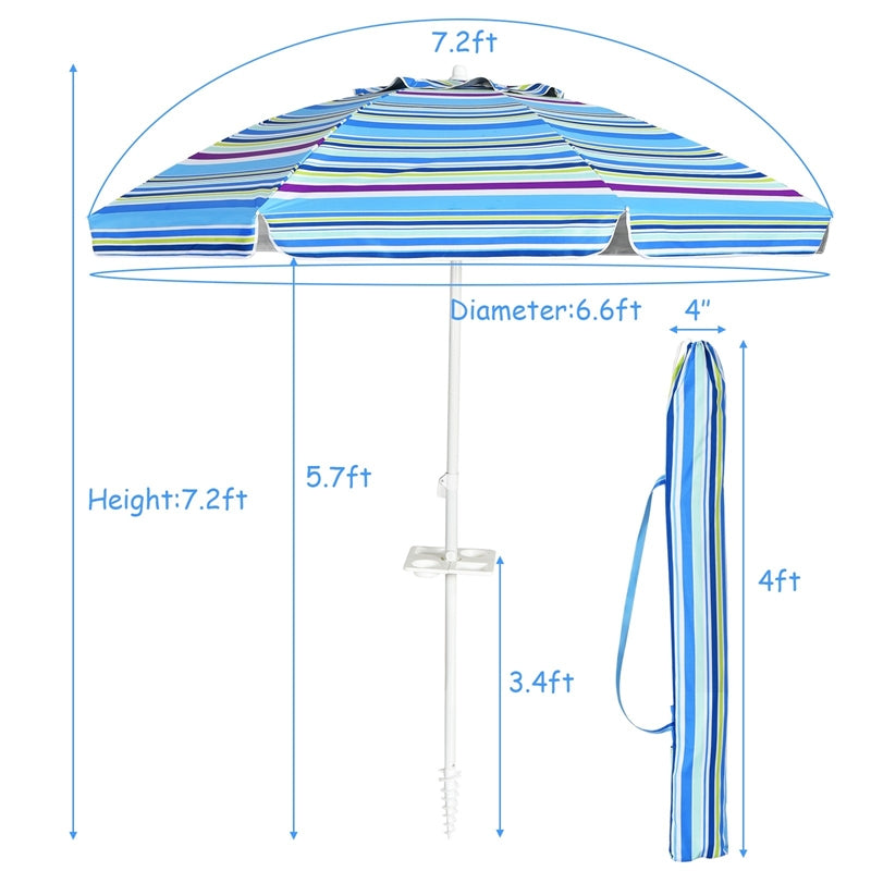 7.2 FT Portable Outdoor Beach Umbrella with Sand Anchor and Tilted Pole