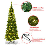 7.5FT Prelit Hinged Pencil Christmas Tree w/ LED Lights and Solid Metal Stand