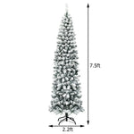 7.5ft Pre-lit Snow Flocked Artificial Pencil Christmas Tree with 350 LED Lights and Metal Stand