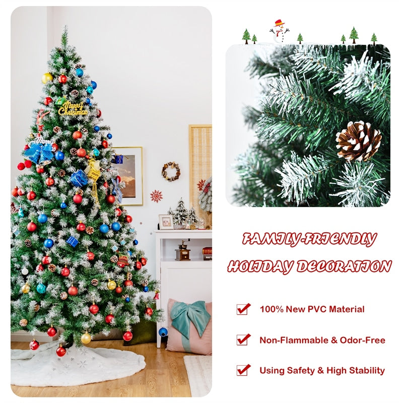 7.5ft Unlit Artificial Snow Flocked Christmas Tree with Pine Cones and Metal Stand