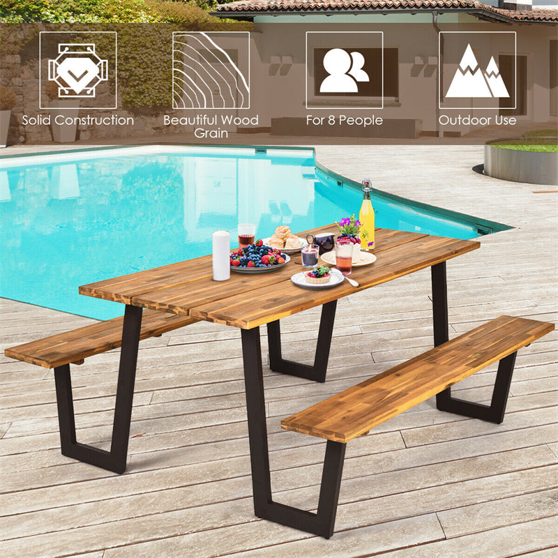 Acacia Wood Picnic Table Bench Set for 6-8, Patented 70” Outdoor Dining Table with Umbrella Hole & 2 Built-in Benches for Garden Backyard