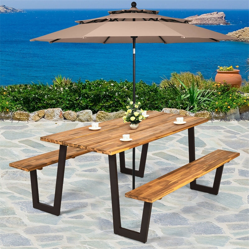 Acacia Wood Picnic Table Bench Set for 6-8, Patented 70” Outdoor Dining Table with Umbrella Hole & 2 Built-in Benches for Garden Backyard