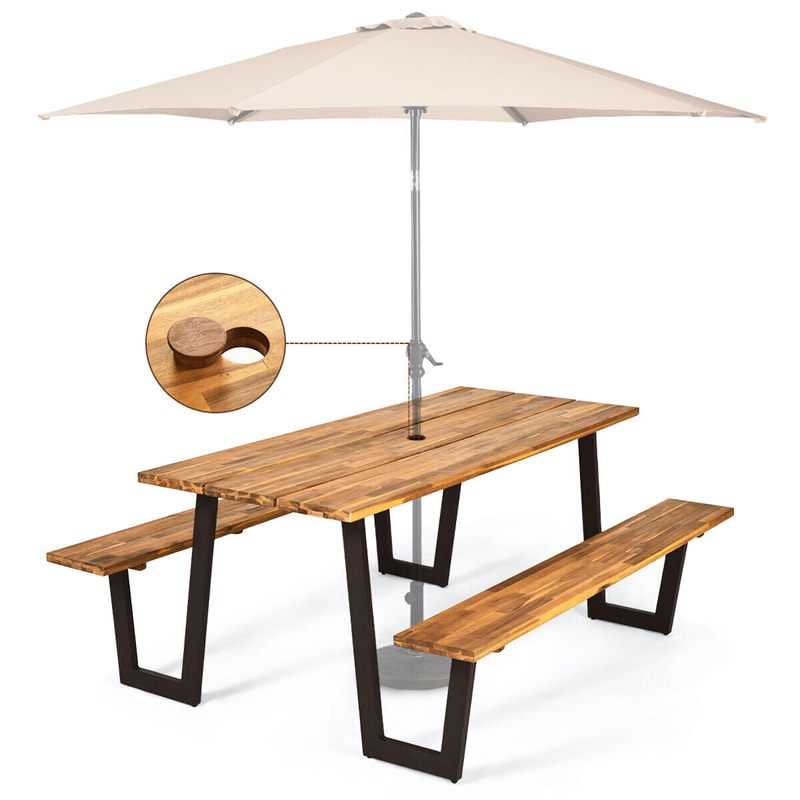 Acacia Wood Picnic Table Bench Set for 6-8 Person, 70” Outdoor Dining Table with Benches & Umbrella Hole