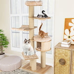 75" Tall Modern Wood Cat Tree Multi-Level Large Cat Tower with Cat Condo, Hammocks, Basket Bed, Scratching Posts & Washable Mat