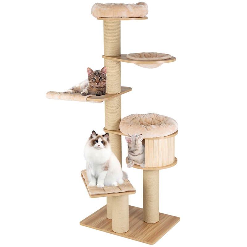 75" Tall Modern Wood Cat Tree Multi-Level Large Cat Tower with Cat Condo, Hammocks, Basket Bed, Scratching Posts & Washable Mat
