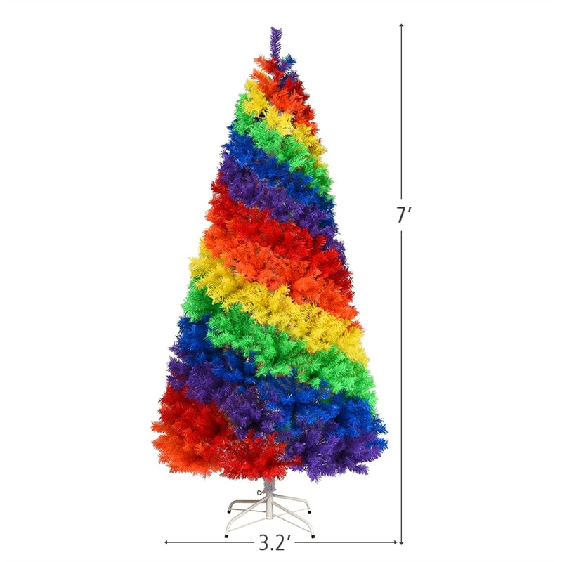 7FT Colorful Rainbow Full Fir Hinged Christmas Tree with Metal Stand