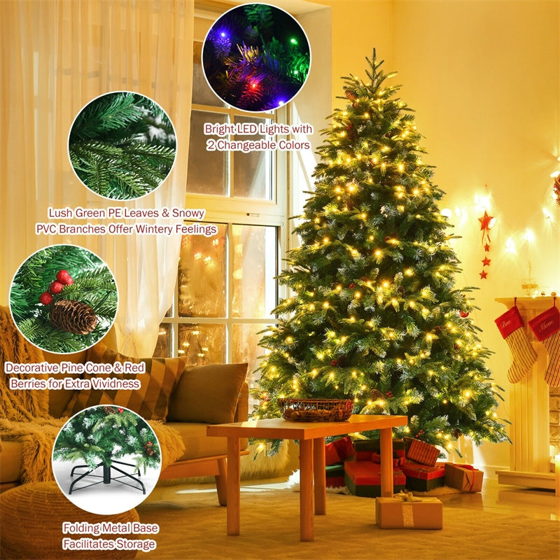 7FT Pre-Lit Artificial Christmas Tree Realistic Hinged Snowy Pine Xmas Tree with 450 Color Changing LED Lights & 11 Flash Modes