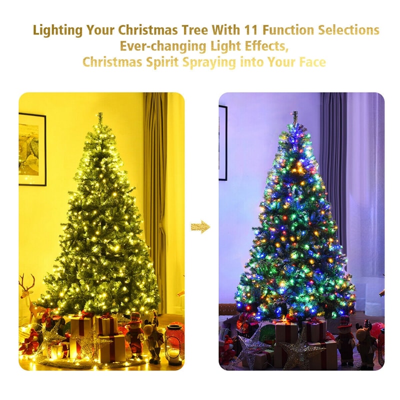 7FT Pre-lit Artificial Christmas Tree Hinged Xmas Tree 1570 PVC Branch 11 Flash Modes with Multicolored 500 LED Lights & Metal Stand