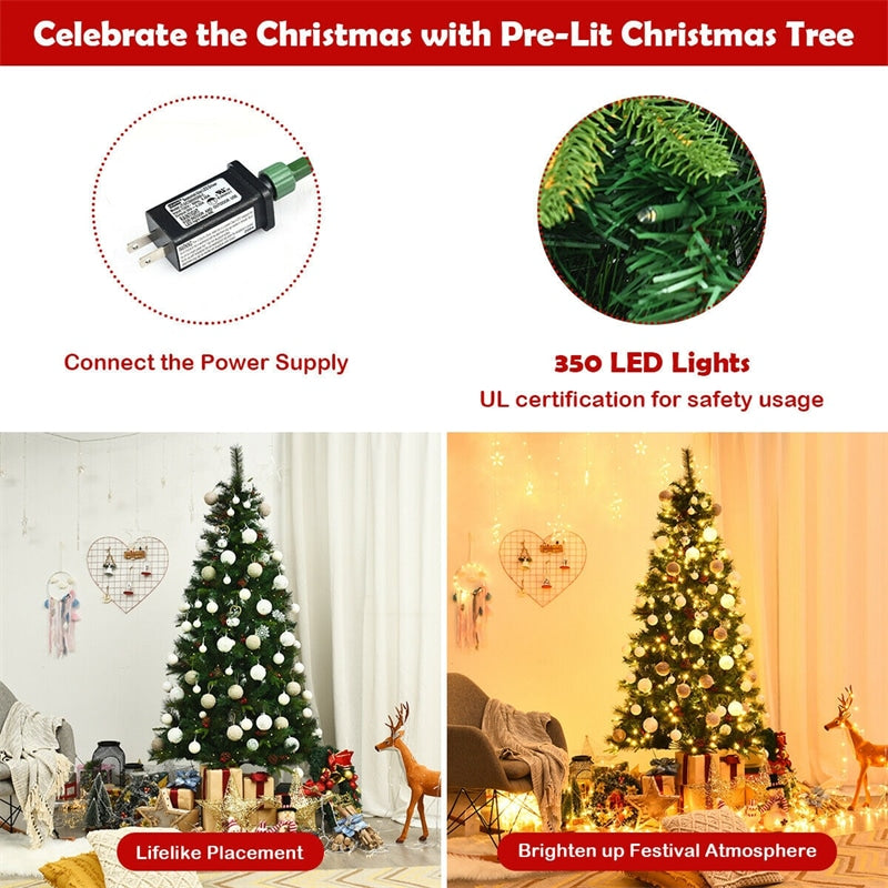 7FT Pre-lit Artificial Hinged Christmas Tree with 350 LED Lights Metal Stand