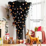 7FT Upside Down Artificial Christmas Tree Black Halloween Tree for Holiday Decorations with 400 Purple LED Lights