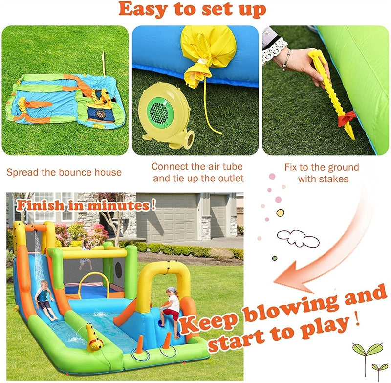 7 In 1 Kids Inflatable Water Slide Park Backyard Bounce House with 735W Air Blower