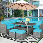 7 PCS Resin Wicker Outdoor Sectional Sofa Set Rattan Patio Seating Group with Dining Table, Ottomans & Cushions