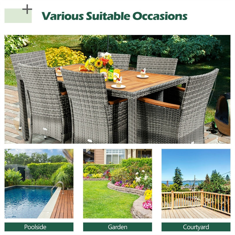 7 Pcs Outdoor Rattan Dining Furniture Set with Acacia Wood Table & 6 Cushioned Chairs