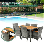 7 Pcs Outdoor Rattan Dining Furniture Set with Acacia Wood Table & 6 Cushioned Chairs