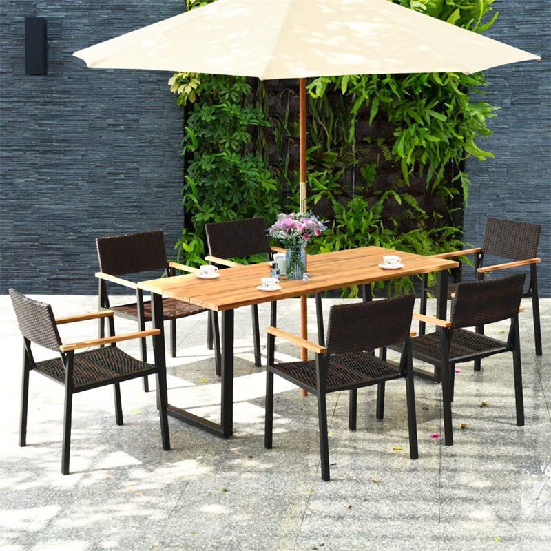 7 Pieces Outdoor Dining Set Patented Patio Rattan Dining Chair Table Set with Large Aciaca Wood Tabletop, Umbrella Hole & Steel Frame