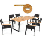 7 Pieces Outdoor Dining Set Patented Patio Rattan Dining Chair Table Set with Large Aciaca Wood Tabletop, Umbrella Hole & Steel Frame
