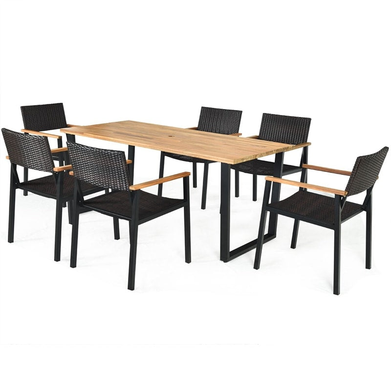 7 Pcs Rattan Patio Dining Furniture Set with Acacia Wood Table & Wicker Chairs