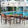 7 Piece Patented Patio Dining Chair Table Set Outdoor Dining Furniture with Steel Frame Acacia Wood Armchair Table & Umbrell Hole for Backyard Garden