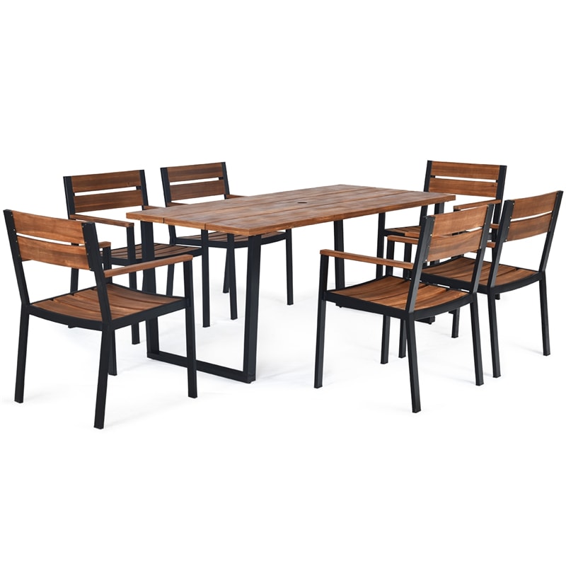 7 Piece Outdoor Patio Dining Table Set with 6 Acacia Wood Armchairs & Umbrella Hole