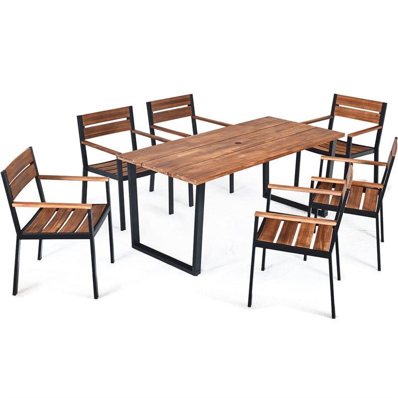 7 Piece Outdoor Patio Dining Table Set with 6 Acacia Wood Armchairs & Umbrella Hole