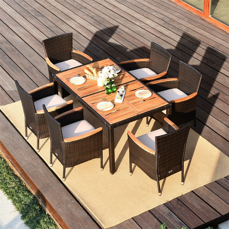 7 Piece Outdoor Wicker Dining Set Patio Rattan Dining Furniture Set with Acacia Wood Table, Umbrella Hole, 6 Stackable Chairs, Cushions