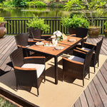 7 Piece Rattan Patio Dining Set Acacia Wood Outdoor Dining Table Set with Wicker Chairs & Cushions