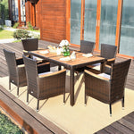 7 Piece Rattan Patio Dining Set Acacia Wood Outdoor Dining Table Set with Wicker Chairs & Cushions