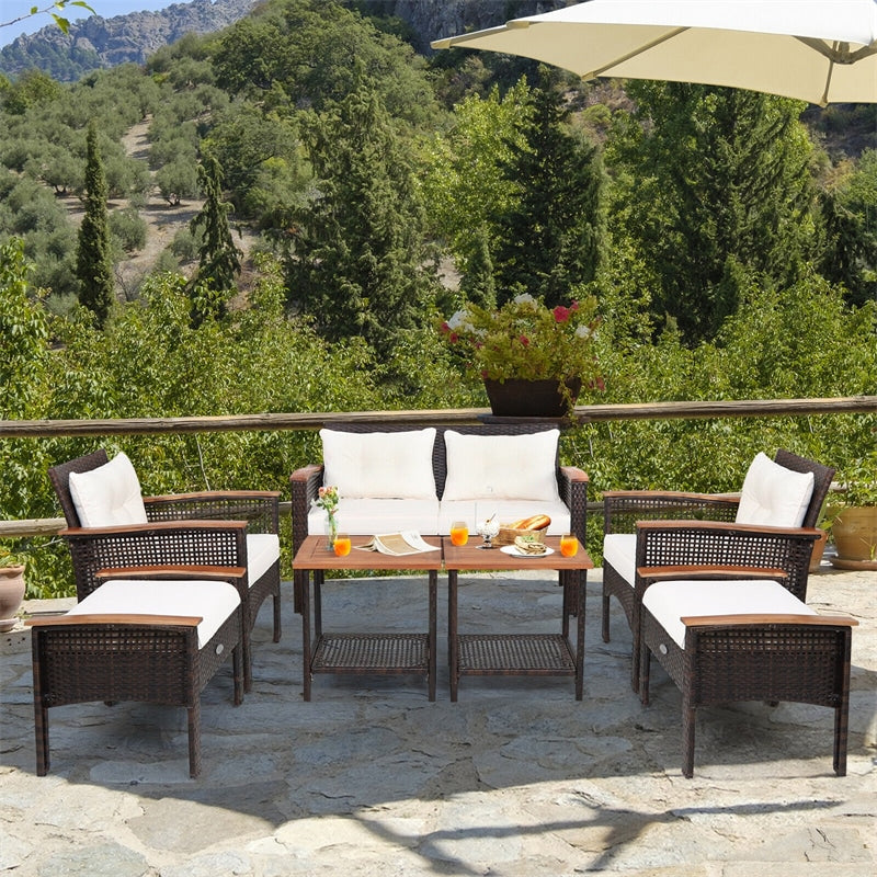 7 Piece PE Wicker Outdoor Conversation Set Patio Cushioned Furniture Set with 2 Ottomans, 2 Storage Side Tables & Acacia Wood Tabletop
