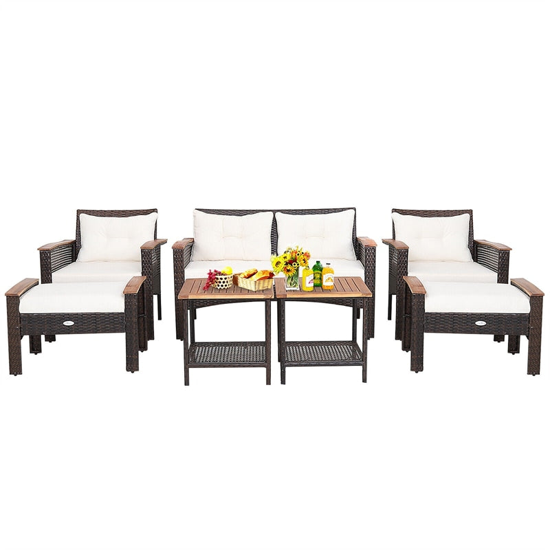 7 Piece PE Wicker Outdoor Conversation Set Seating Group with Cushions, 2 Storage Side Tables & 2 Ottomans