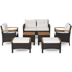 7 Piece Rattan Patio Sofa Set Wicker Outdoor Conversation Set with Seat & Back Cushions 2 Coffee Tables