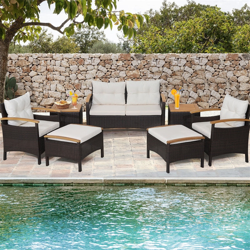 7 Piece Rattan Patio Sofa Set Wicker Outdoor Conversation Set with Seat & Back Cushions 2 Coffee Tables