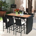7 Piece Outdoor Wicker Patio Bar Set Rattan Bar Furniture Set with Acacia Wood Table Top & 6 Cushioned Bar Stools