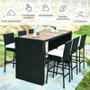 7 Piece Outdoor Rattan Wicker Bar Height Patio Dining Furniture Set with Acacia Wood Bar Table Top & 6 Cushioned Bar Stools