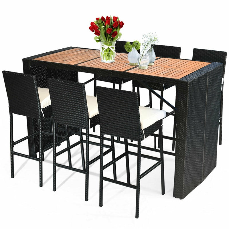 7 Piece Outdoor Rattan Wicker Bar Height Patio Dining Furniture Set with Acacia Wood Bar Table Top & 6 Cushioned Bar Stools