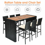 7 Piece Outdoor Wicker Patio Bar Set Rattan Bar Furniture Set with Acacia Wood Table Top & 6 Cushioned Bar Stools