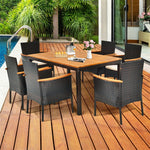 7 Piece PE Rattan Patio Dining Set Acacia Wood Wicker Outdoor Dining Table Set for 6 with Stackable Wicker Chairs, Umbrella Hole & Cushions