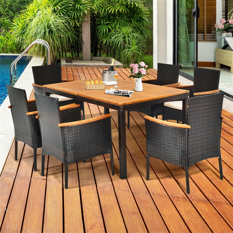 7 Piece Rattan Patio Dining Set Outdoor Dining Furniture with Acacia Wood Table & Stackable Wicker Patio Chairs