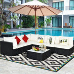 7-Piece PE Rattan Outdoor Sectional Sofa with Tempered Glass Top Table & Cushions, Wicker Patio Furniture Set for Garden Poolside Balcony