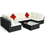 7-Piece PE Rattan Outdoor Sectional Sofa with Tempered Glass Top Table & Cushions, Wicker Patio Furniture Set for Garden Poolside Balcony