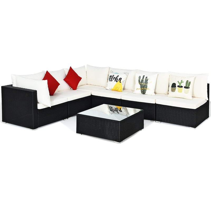 7-Piece PE Rattan Outdoor Sectional Sofa with Tempered Glass Top Table & Cushions, Wicker Patio Furniture Set for Garden Poolside Balcony
