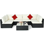 7-Piece PE Rattan Outdoor Sectional Sofa with Tempered Glass Top Table & Cushions, Wicker Patio Furniture Set for Garden Poolside Balcony