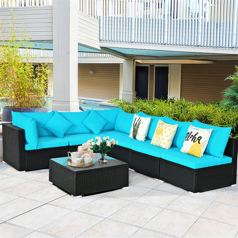 7-Piece PE Rattan Outdoor Sectional Sofa with Tempered Glass Top Table & Cushions, Wicker Patio Furniture Set for Garden Poolside Balcony