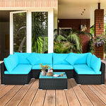 7-Piece PE Rattan Outdoor Sectional Sofa with Tempered Glass Top Table & Cushions, Wicker Patio Furniture Set for Garden Poolside Balcony