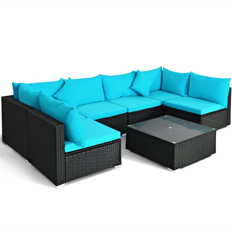 7-Piece PE Rattan Outdoor Sectional Sofa with Tempered Glass Top Table & Cushions, Wicker Patio Furniture Set for Garden Poolside Balcony