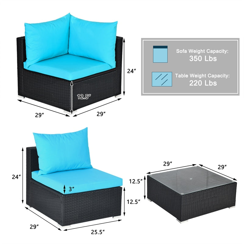 7-Piece PE Rattan Outdoor Sectional Sofa with Tempered Glass Top Table & Cushions, Wicker Patio Furniture Set for Garden Poolside Balcony