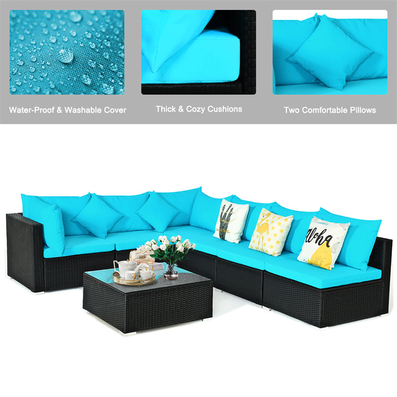 7-Piece PE Rattan Outdoor Sectional Sofa with Tempered Glass Top Table & Cushions, Wicker Patio Furniture Set for Garden Poolside Balcony