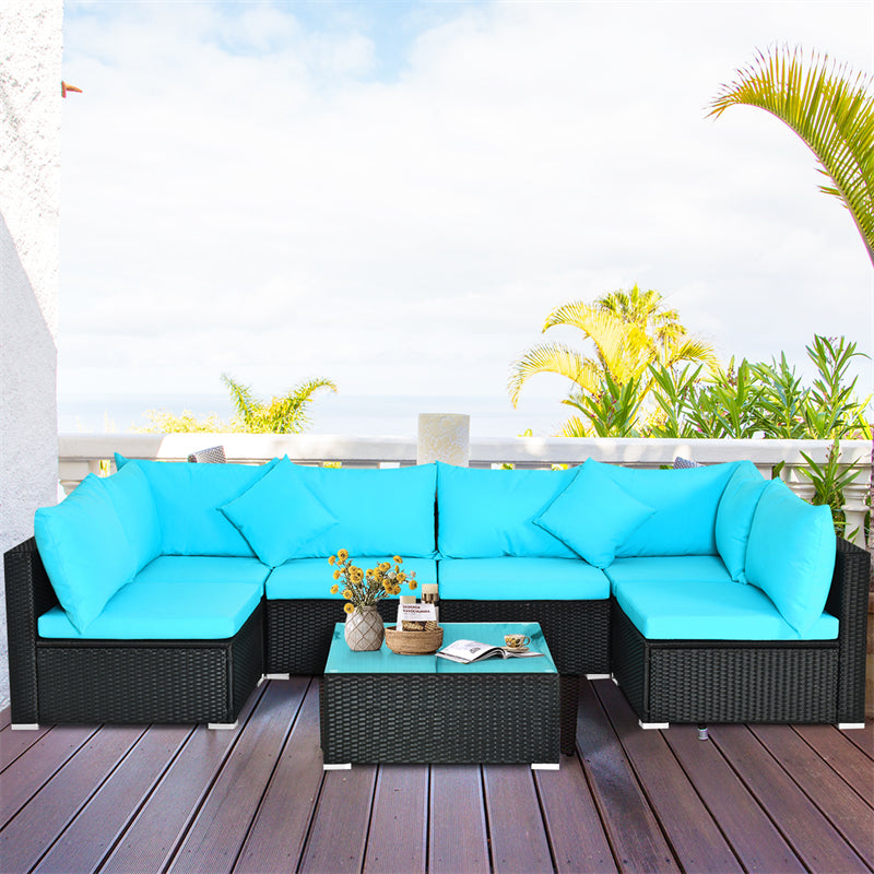 7-Piece PE Rattan Outdoor Sectional Sofa with Tempered Glass Top Table & Cushions, Wicker Patio Furniture Set for Garden Poolside Balcony