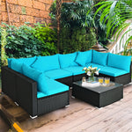 7-Piece PE Rattan Outdoor Sectional Sofa with Tempered Glass Top Table & Cushions, Wicker Patio Furniture Set for Garden Poolside Balcony