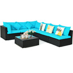 7-Piece PE Rattan Outdoor Sectional Sofa with Tempered Glass Top Table & Cushions, Wicker Patio Furniture Set for Garden Poolside Balcony